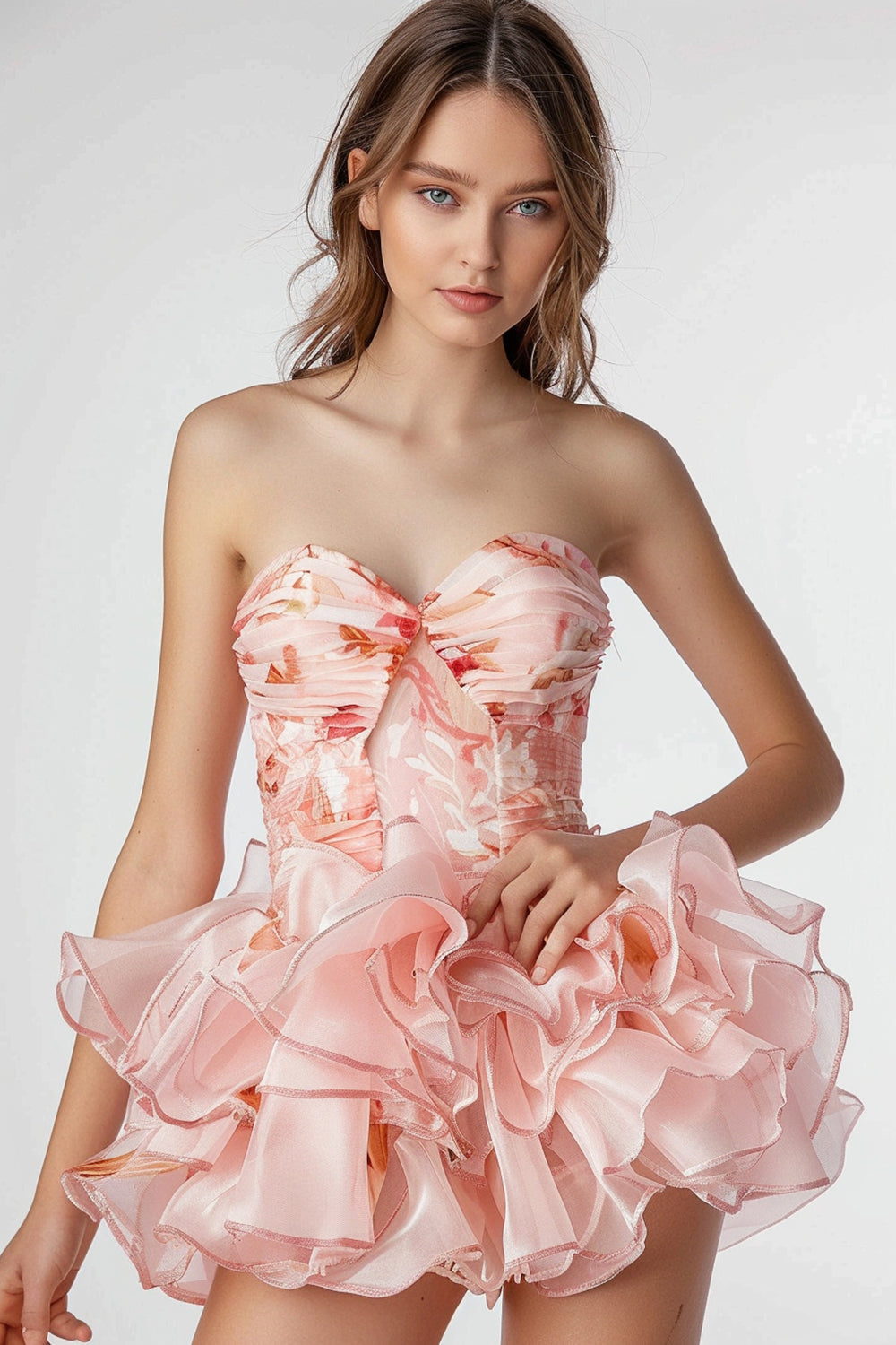 Leely Women Pink Floral Short Homecoming Dress Tiered A Line Ruched Sweetheart strapless Cocktail Dress with Ruffles