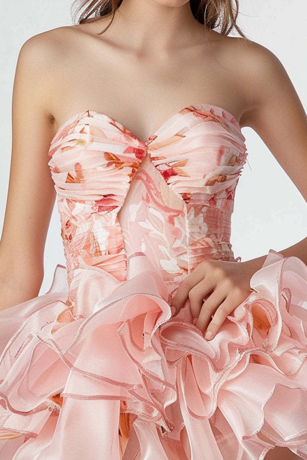 Pink Sweetheart Floral Ruched Short Homecoming Dress with Ruffles