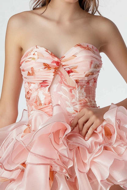 Pink Sweetheart Floral Ruched Short Homecoming Dress with Ruffles