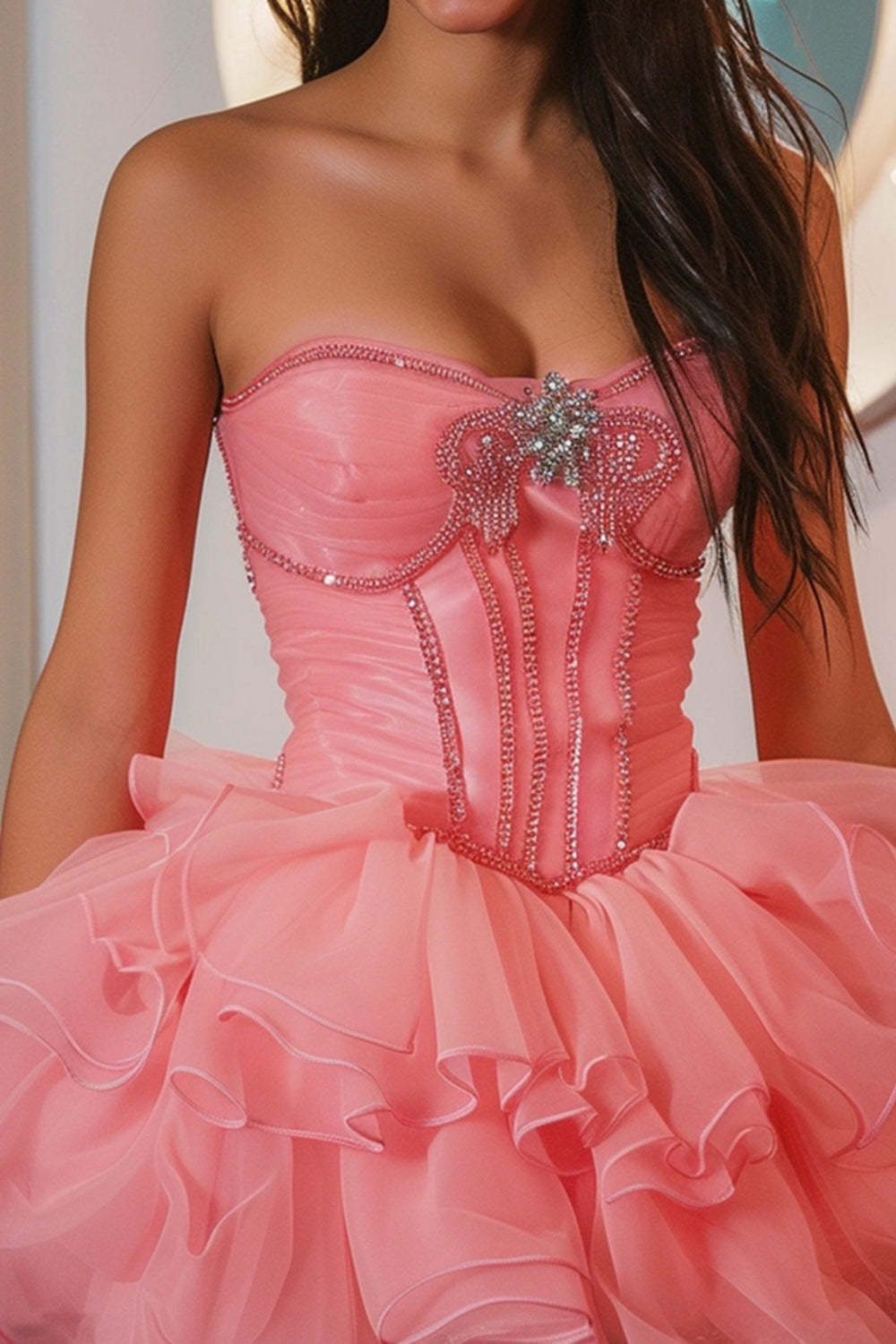 Sparkly Hot Pink Strapless Corset Ruffled Short Homecoming Dress with Beading