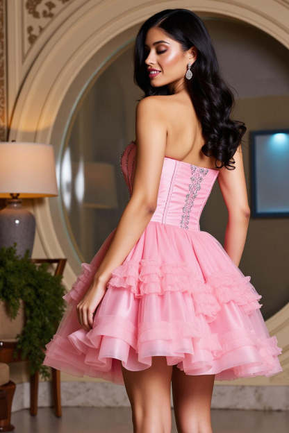 Sparkly Pink Sweetheart Beaded A Line Short Homecoming Dress with Ruffles