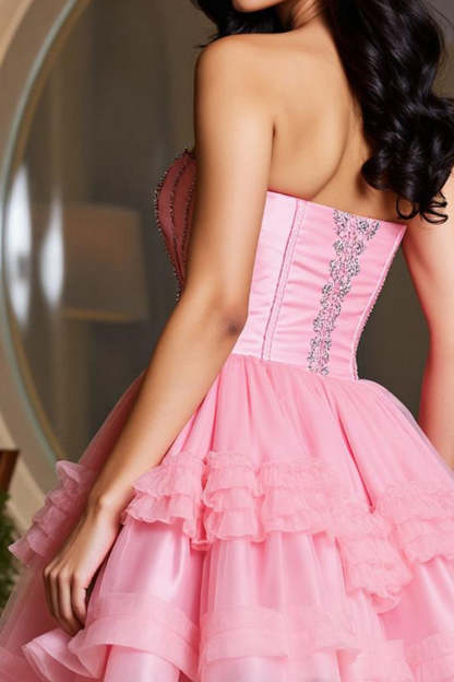 Sparkly Pink Sweetheart Beaded A Line Short Homecoming Dress with Ruffles