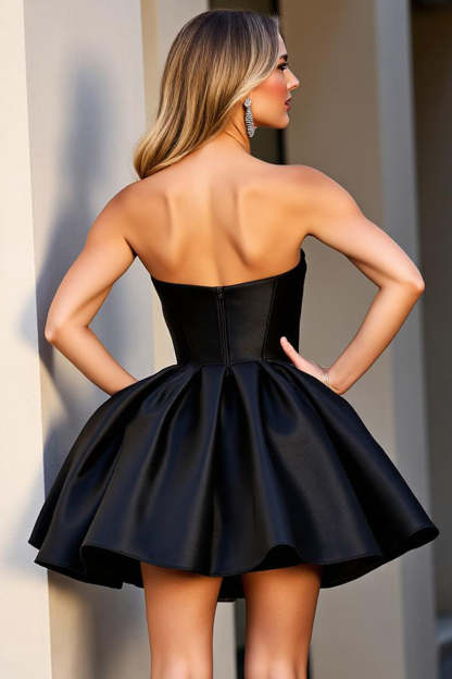 Sparkly Sweetheart Black Satin Short Corset Homecoming Dress with Beading
