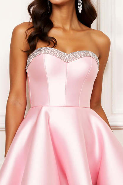 Sparkly Pink Sweetheart A Line Short Satin Homecoming Dress with Beading