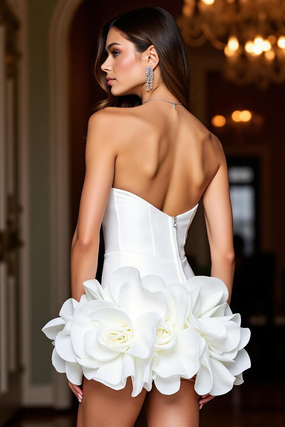 White Floral Strapless Tight Satin Short Homecoming Dress with Ruffles