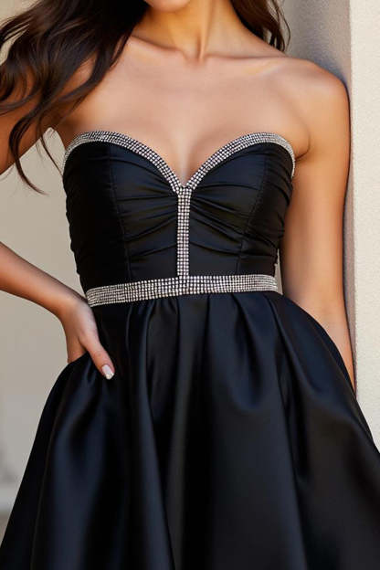 Sparkly Black Satin Sweetheart  A Line Short Homecoming Dress with Beading