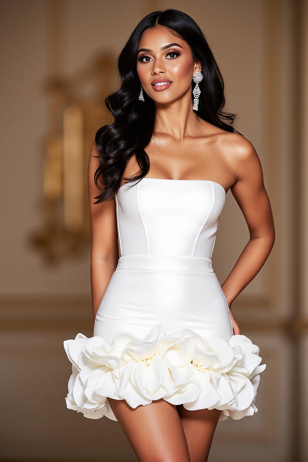 Leely Women Satin Short White Homecoming Dress with Ruffles Strapless Corset Bodycon Cocktail Dress