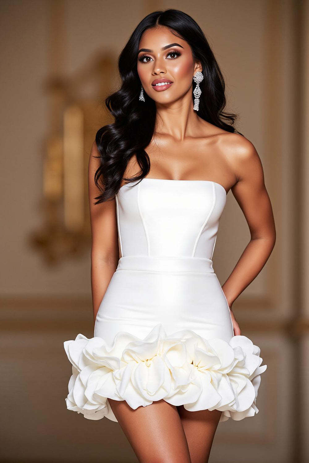 Leely Women Satin Short White Homecoming Dress with Ruffles Strapless Corset Bodycon Cocktail Dress