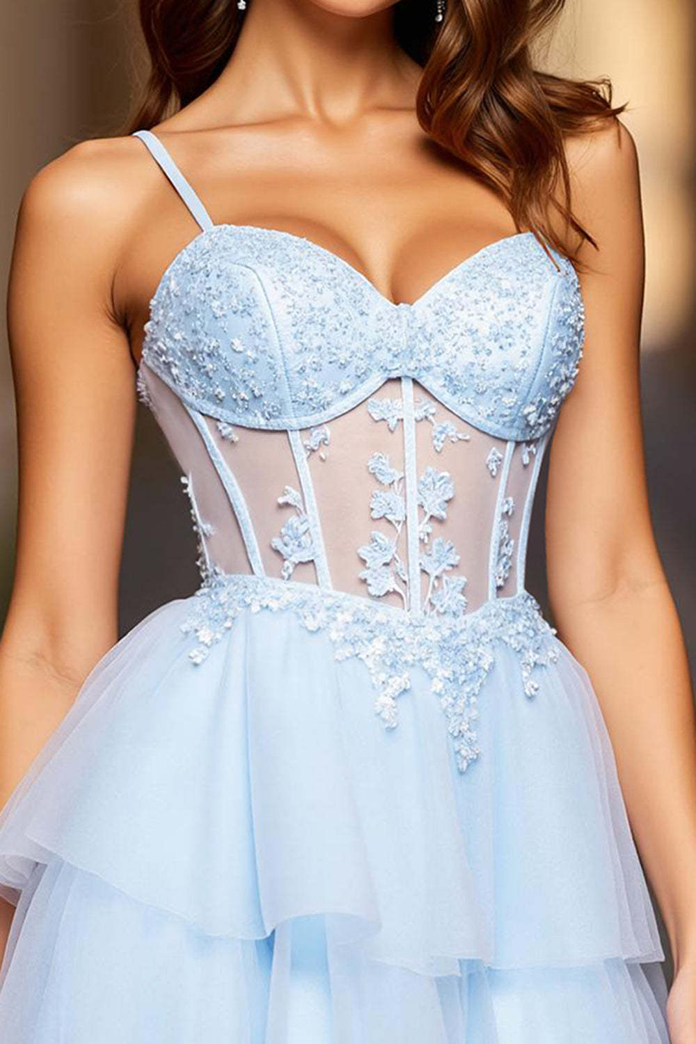 Light Blue A Line Spaghetti Straps Tulle Short Corset Homecoming Dress