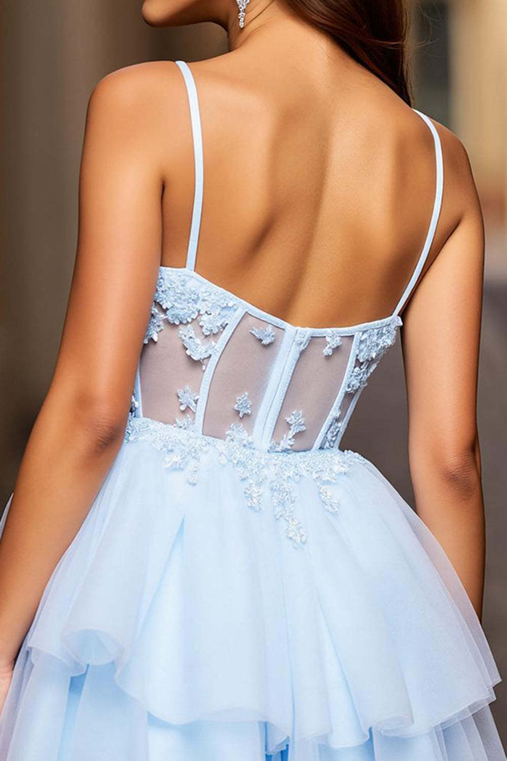 Light Blue A Line Spaghetti Straps Tulle Short Corset Homecoming Dress