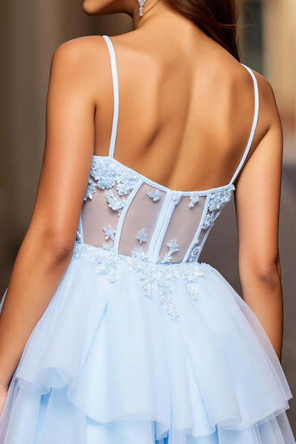 Light Blue A Line Spaghetti Straps Tulle Short Corset Homecoming Dress