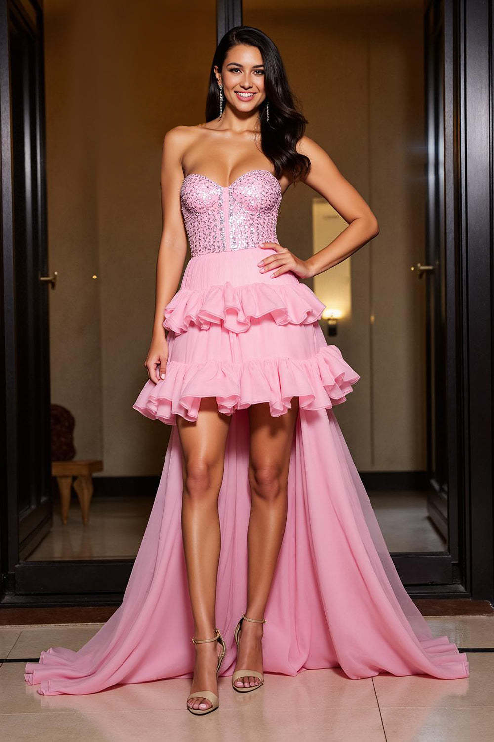 Leely Women Sparkly Pink High-Low Homecoming Dress Ruffled A Line Sequin Sweetheart Tiered Pageant Dress