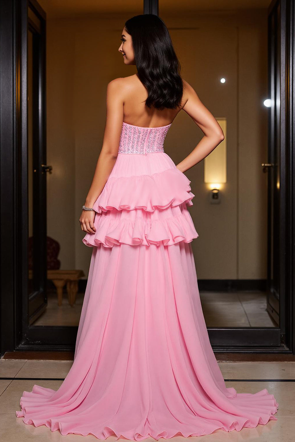 Sparkly Ruffled Pink A Line Sweetheart High-Low Homecoming Dress
