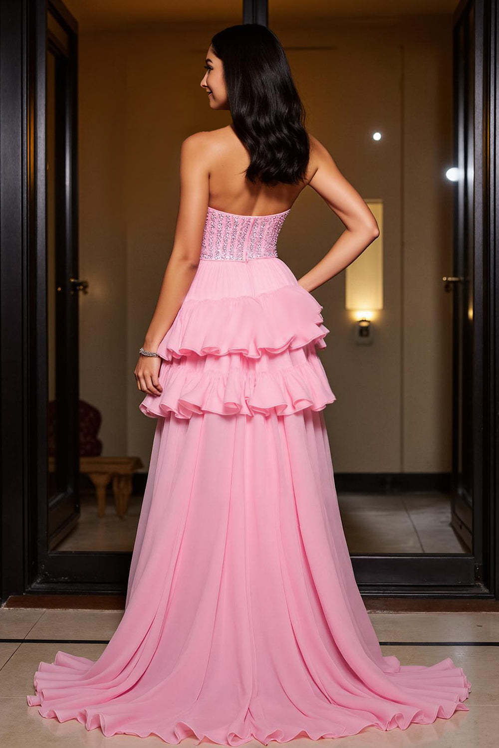 Sparkly Ruffled Pink A Line Sweetheart High-Low Homecoming Dress