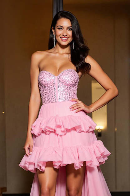 Sparkly Ruffled Pink A Line Sweetheart High-Low Homecoming Dress