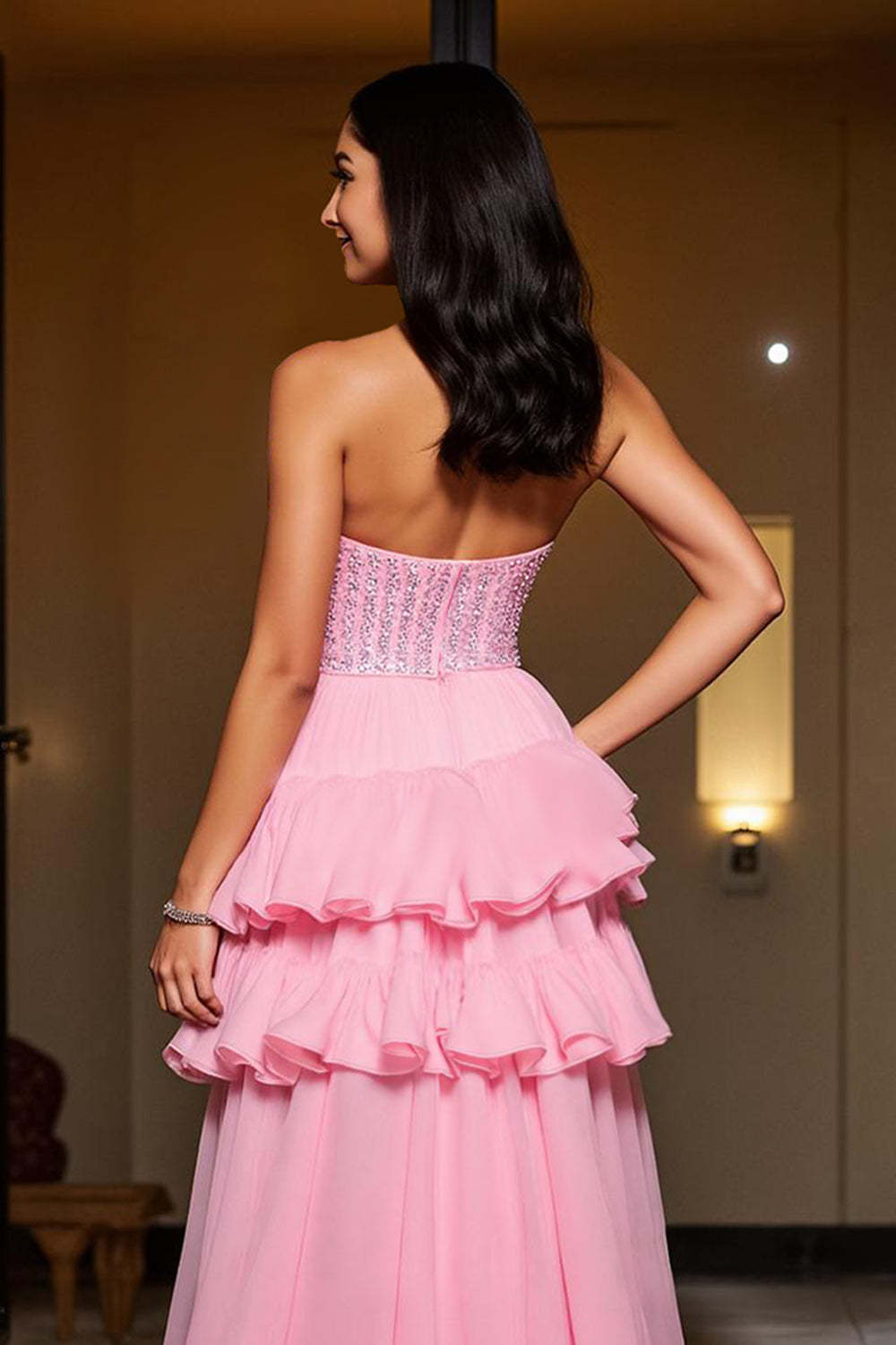 Sparkly Ruffled Pink A Line Sweetheart High-Low Homecoming Dress