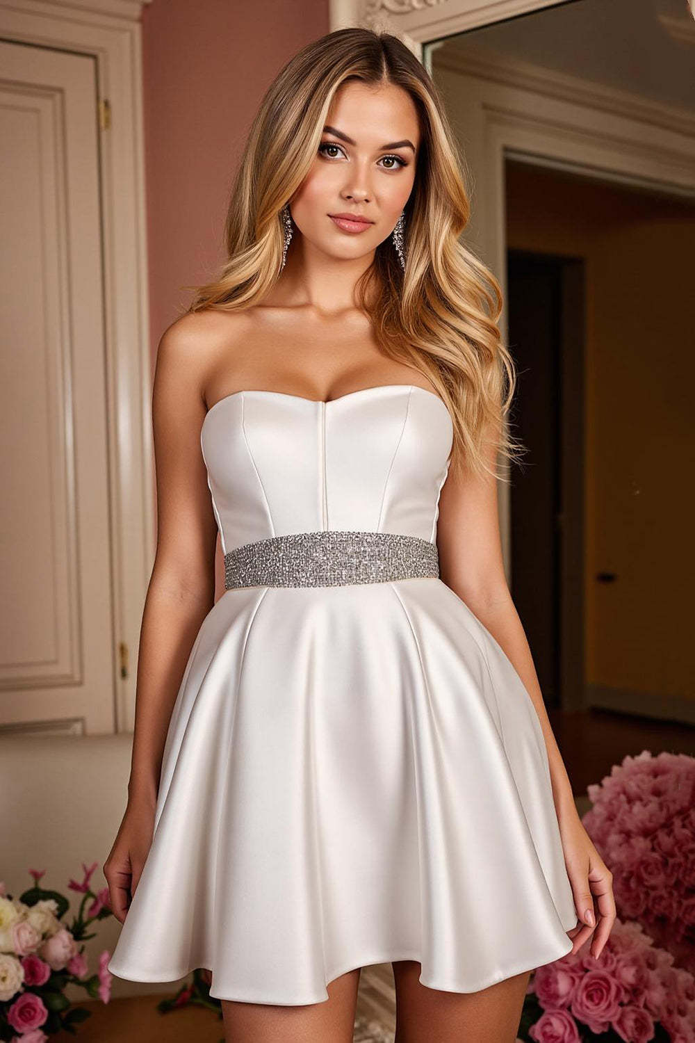 Leely Women Satin Short White Homecoming Dress A Line Strapless Beaded Sweetheart Little White Dress