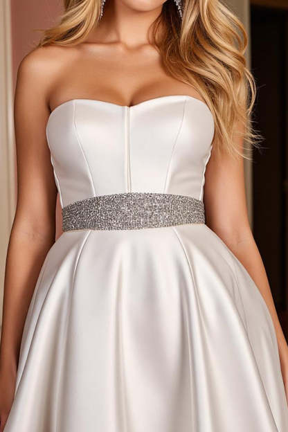 A Line Satin Strapless Short White Homecoming Dress with Beading