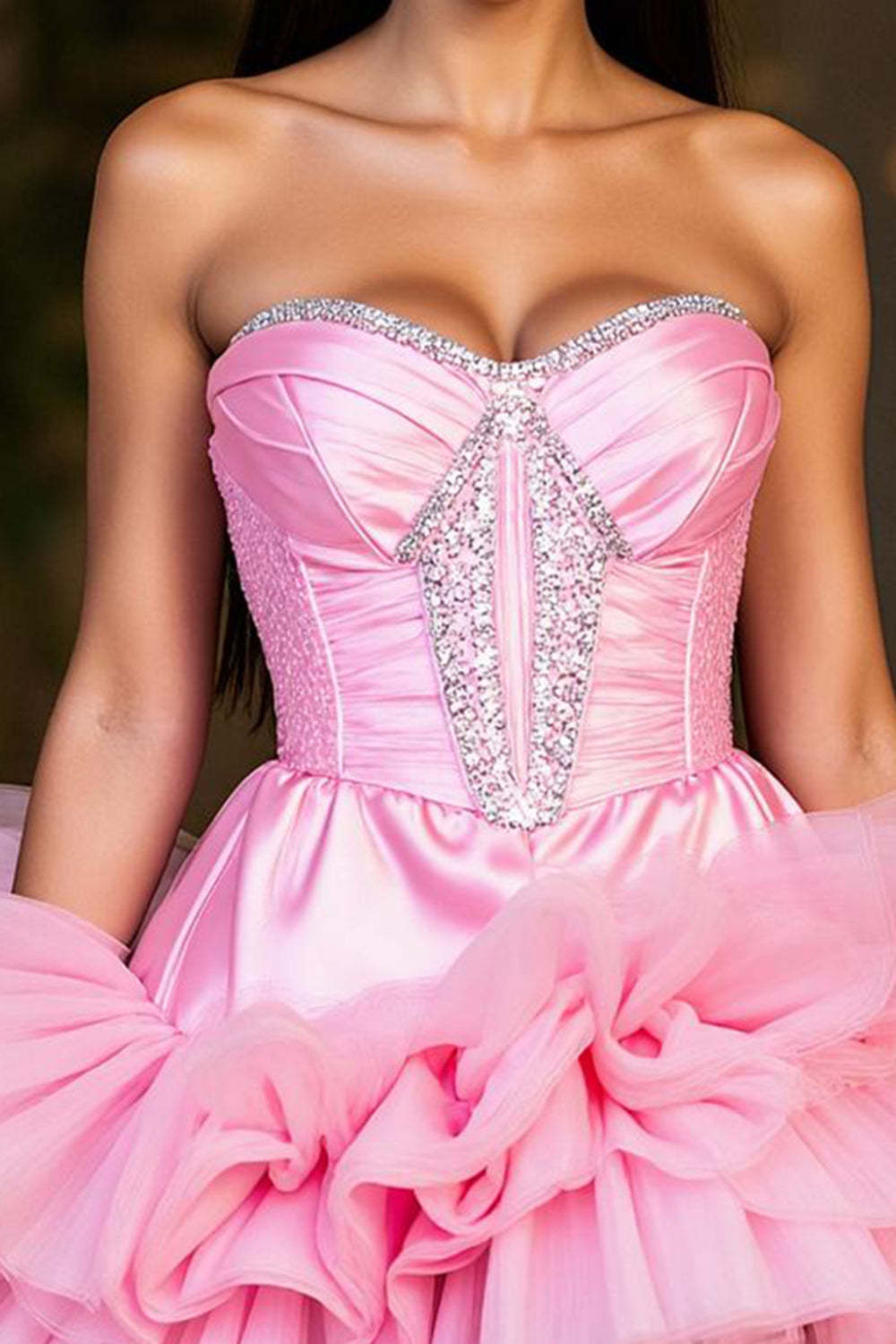 Sparkly Hot Pink A Line Strapless Tiered Short Homecoming Dress with Ruffle
