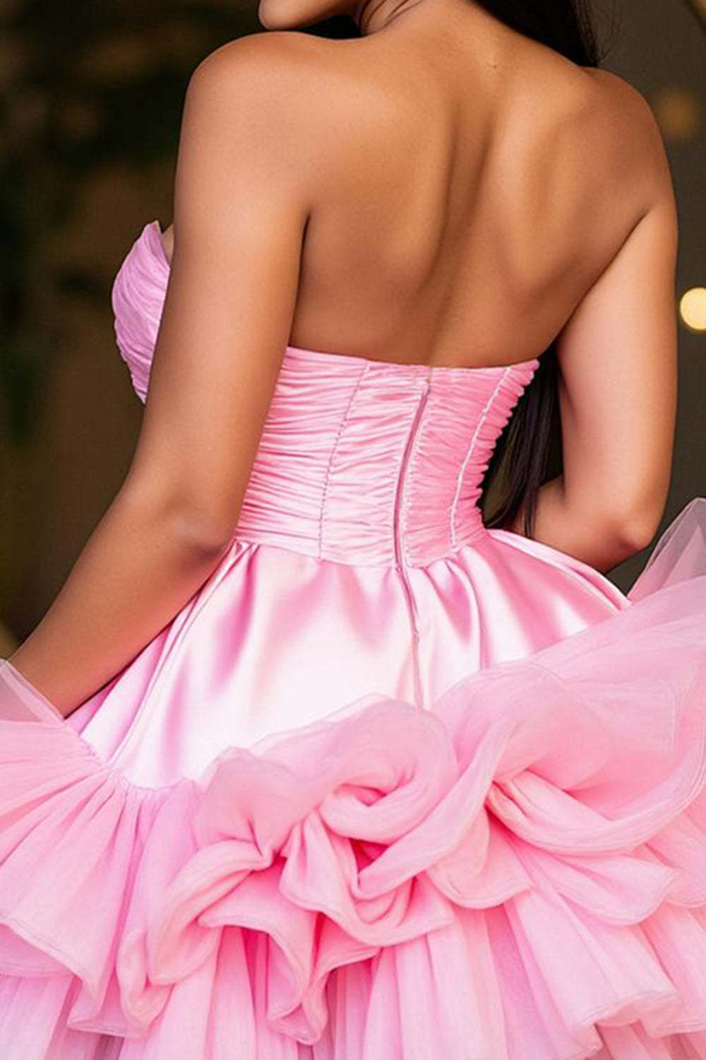 Sparkly Hot Pink A Line Strapless Tiered Short Homecoming Dress with Ruffle