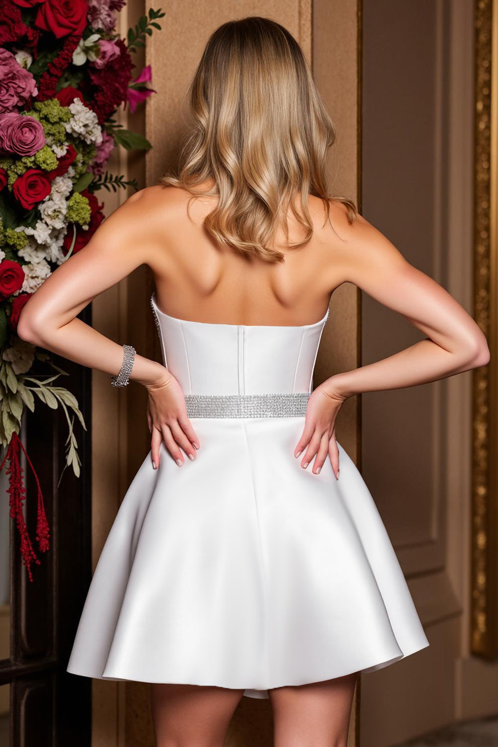 Sparkly White Strapless A Line Short Homecoming Dress with Beading