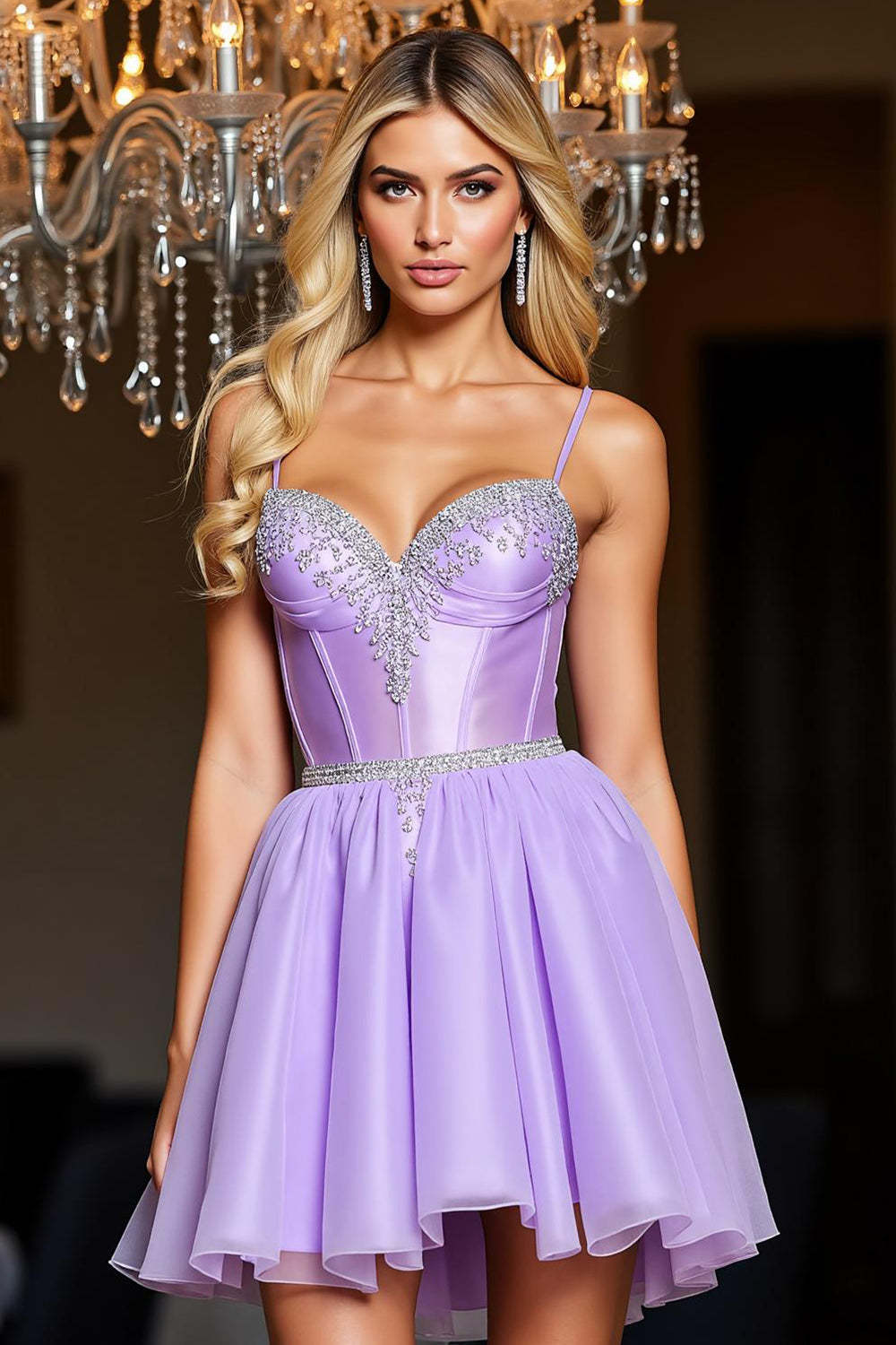 Leely Women Sparkly Purple Corset Short Homecoming Dress A Line Beaded Spaghetti Straps Tulle Cocktail Dress