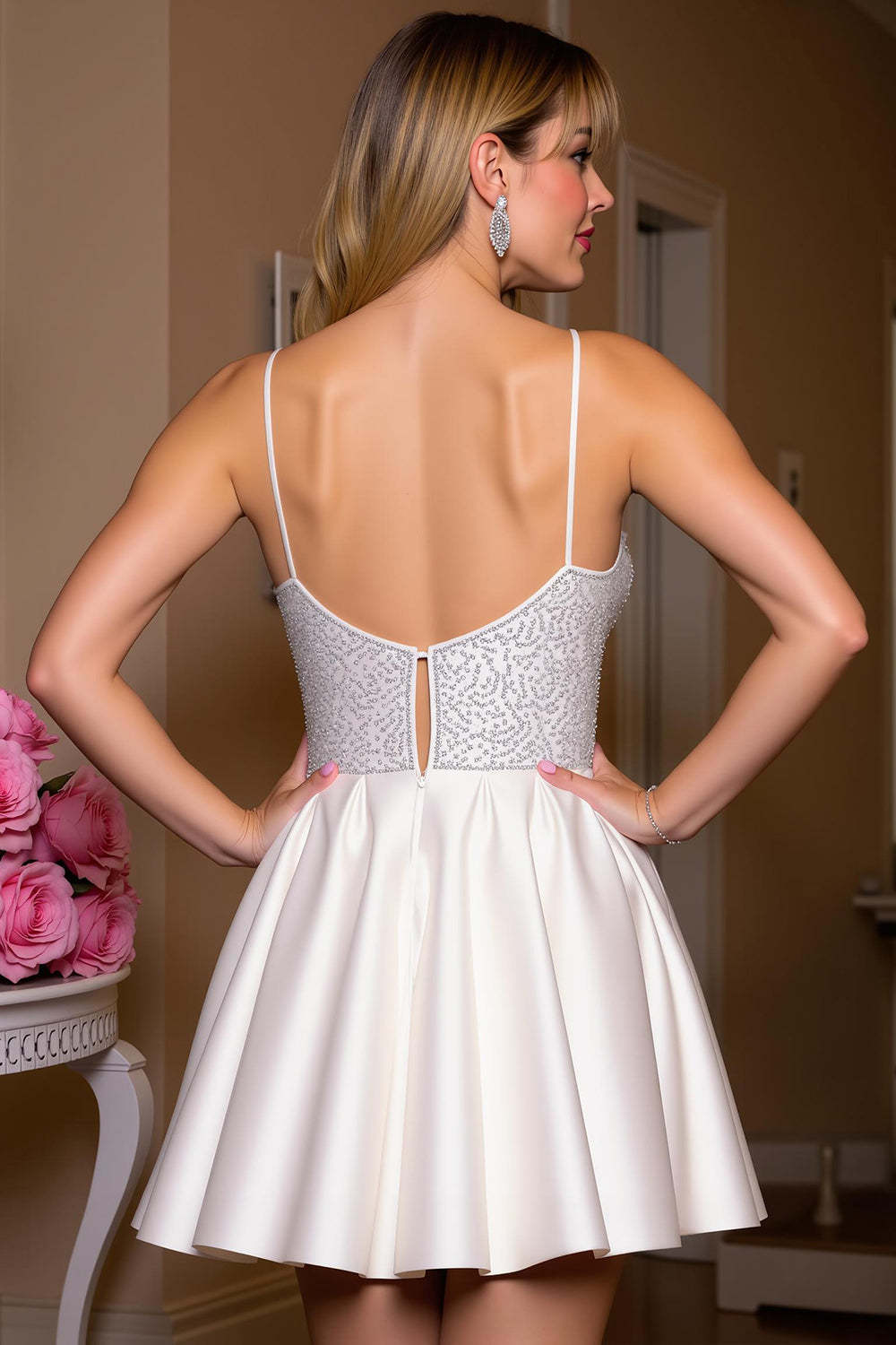 Sparkly Satin A Line White Short Homecoming Dress with Beading