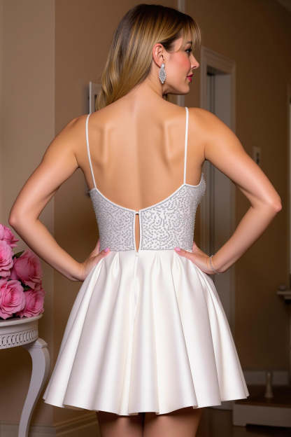 Sparkly Satin A Line White Short Homecoming Dress with Beading