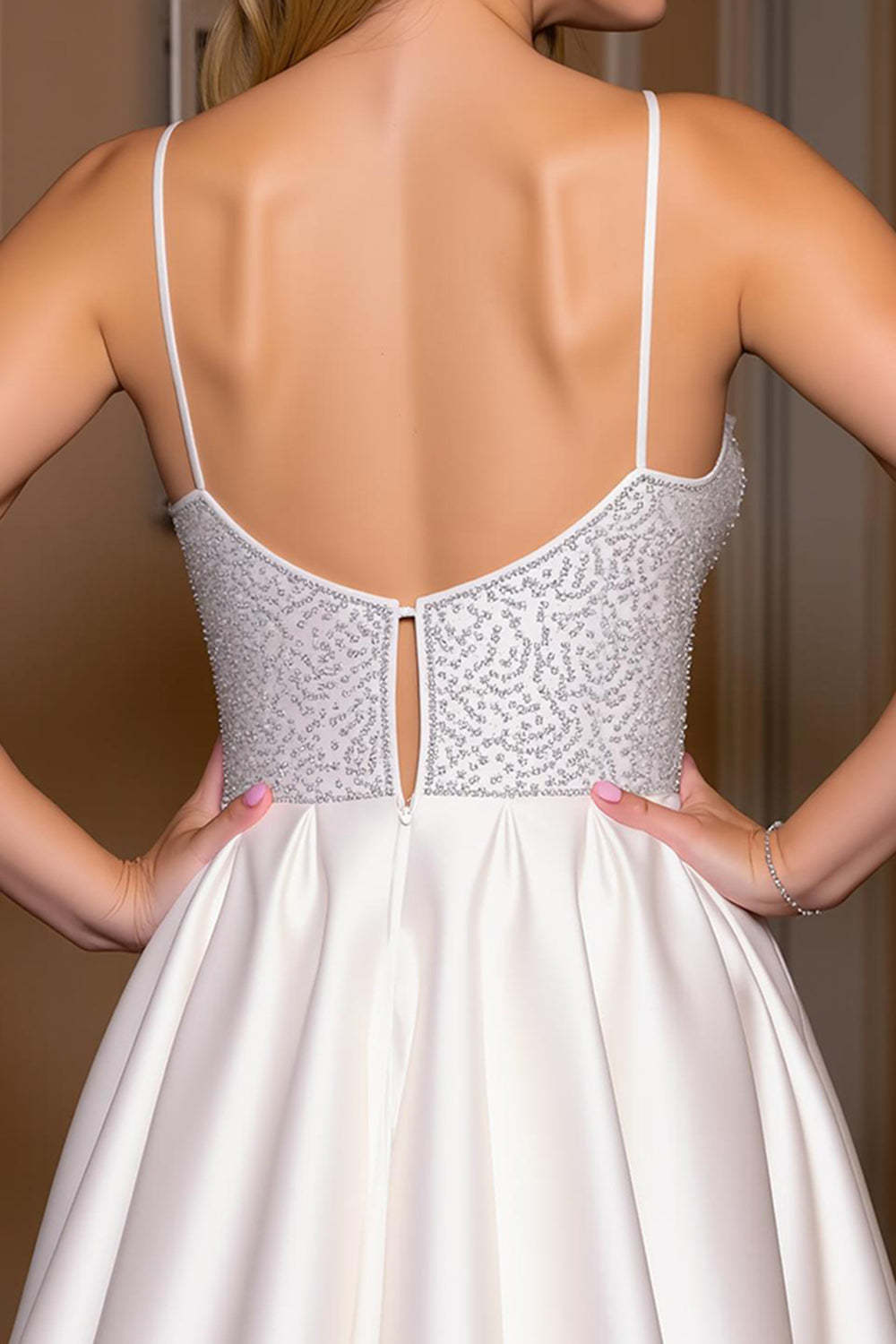 Sparkly Satin A Line White Short Homecoming Dress with Beading
