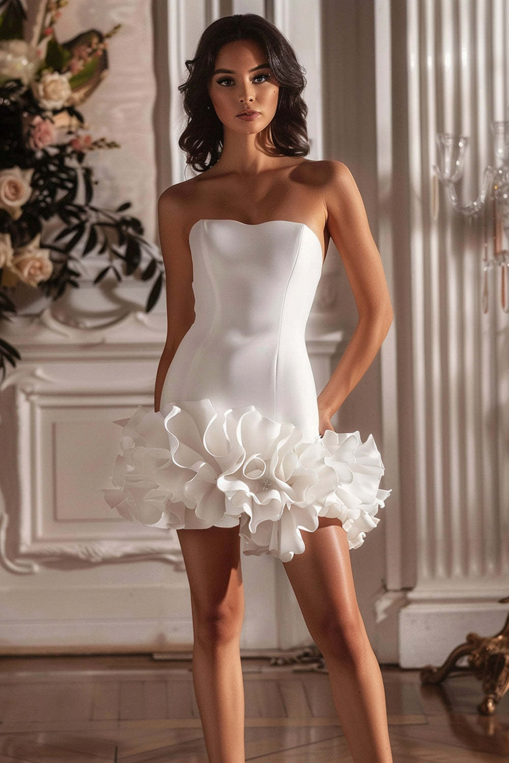 Leely Women White Tight Short Homecoming Dress with Ruffles Satin Strapless Cocktail Dress