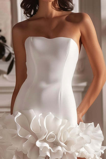 White Strapless Satin Ruffled Tight Short Homecoming Dress