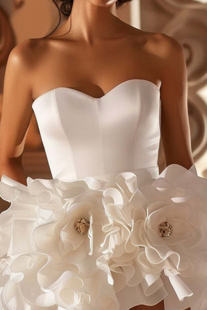 White Floral Strapless Sweetheart Short Homecoming Dress with Ruffles
