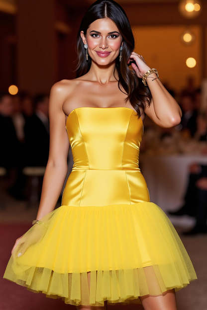 Yellow Short Satin Strapless Tight Homecoming Dress with Ruffles