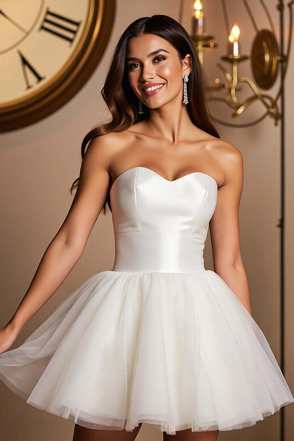 Leely Women White Short Tulle Homecoming Dress Sweetheart A Line Sleeveless Little White Dress