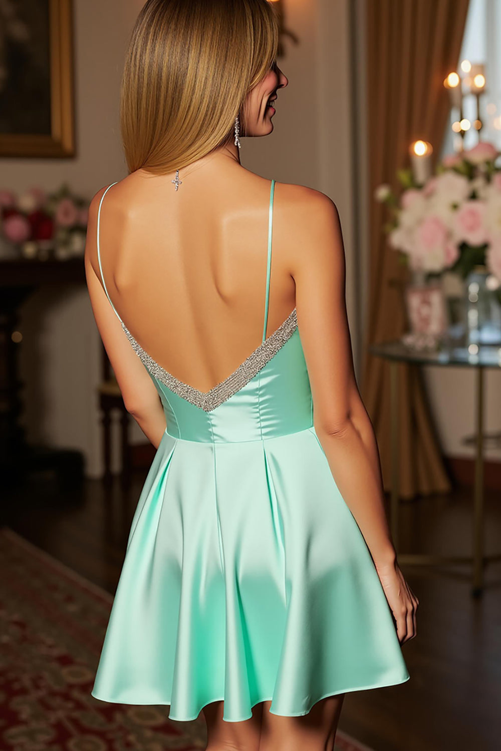 Sparkly Green Satin Spaghetti Straps A Line Short Homecoming Dress with Beading