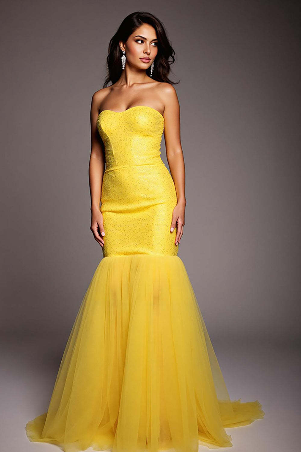 Leely Women Sparkly Yellow Beaded Maxi Prom Dress Sweetheart Strapless Mermaid Gala Dress