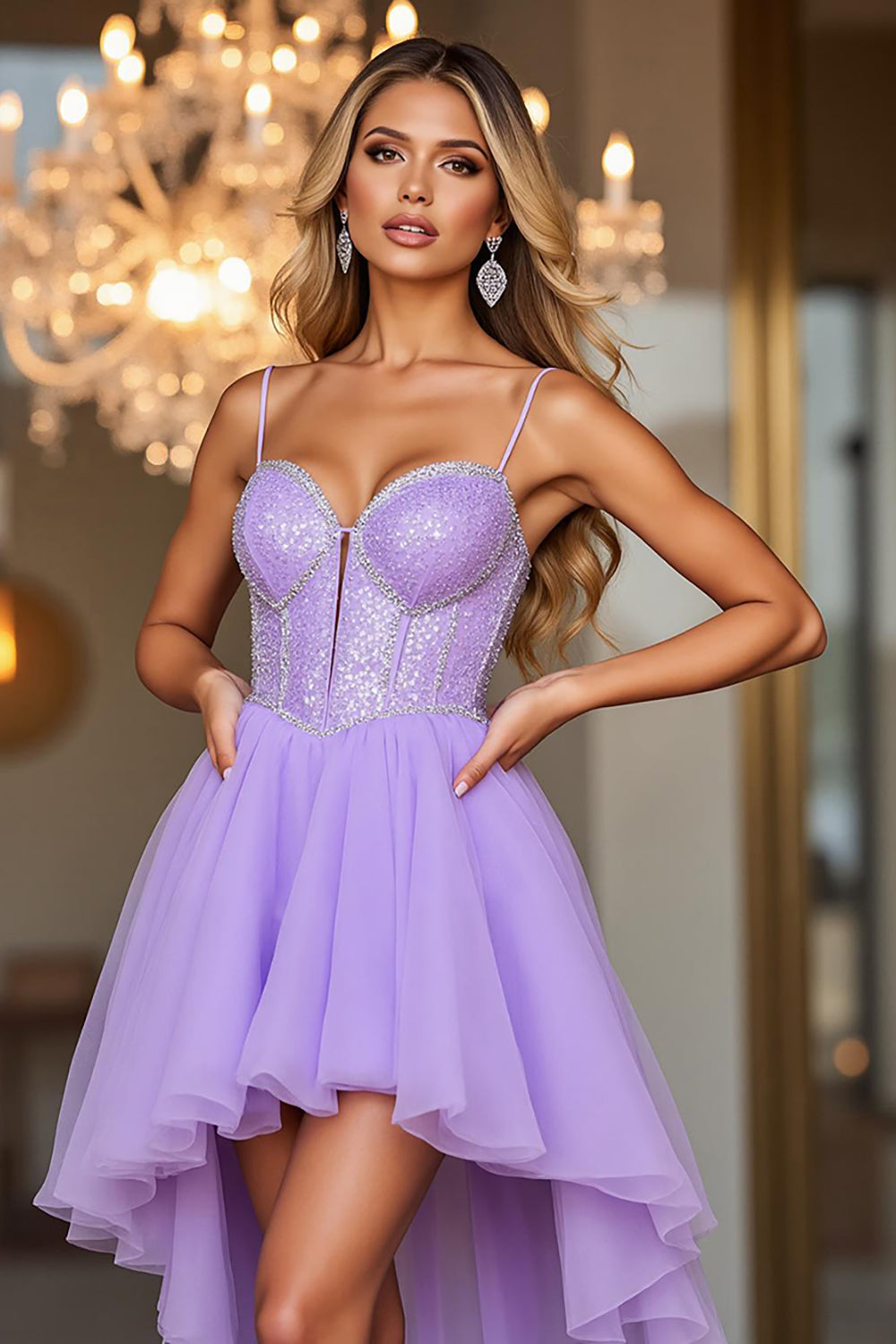 Sparkly Purple Corset Spaghetti Straps Tulle High-Low Homecoming Dress