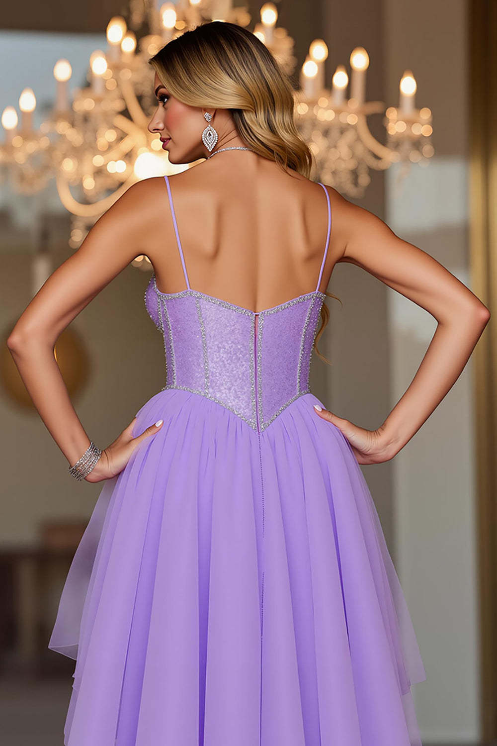 Sparkly Purple Corset Spaghetti Straps Tulle High-Low Homecoming Dress
