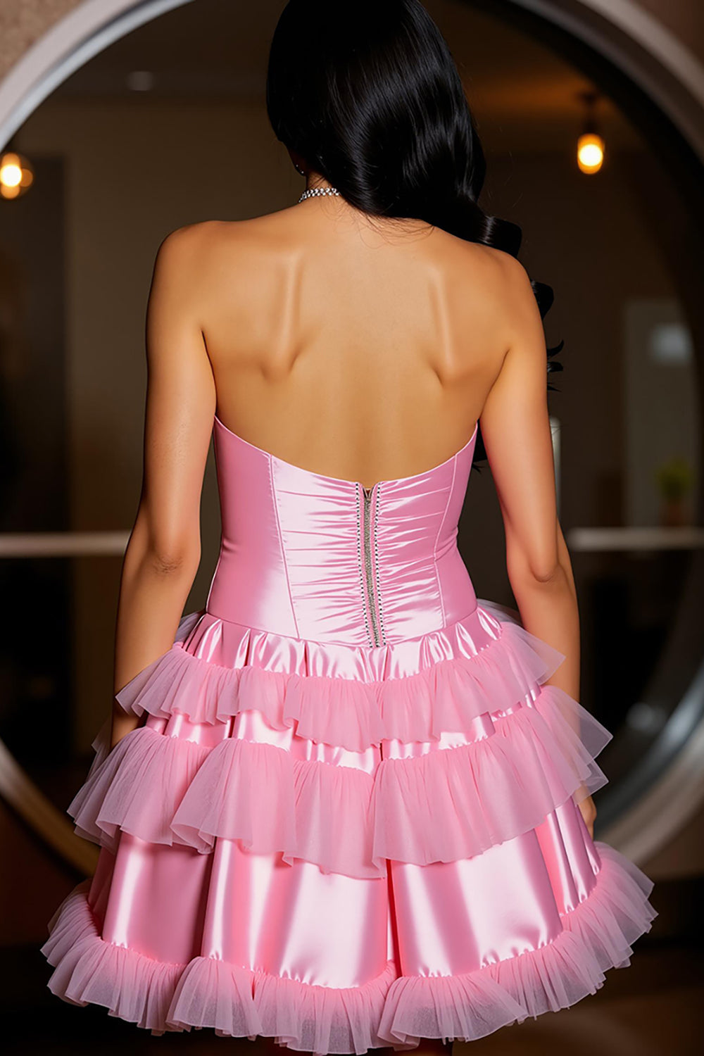 Pink A Line Strapless Satin Tiered Short Homecoming Dress with Ruffles