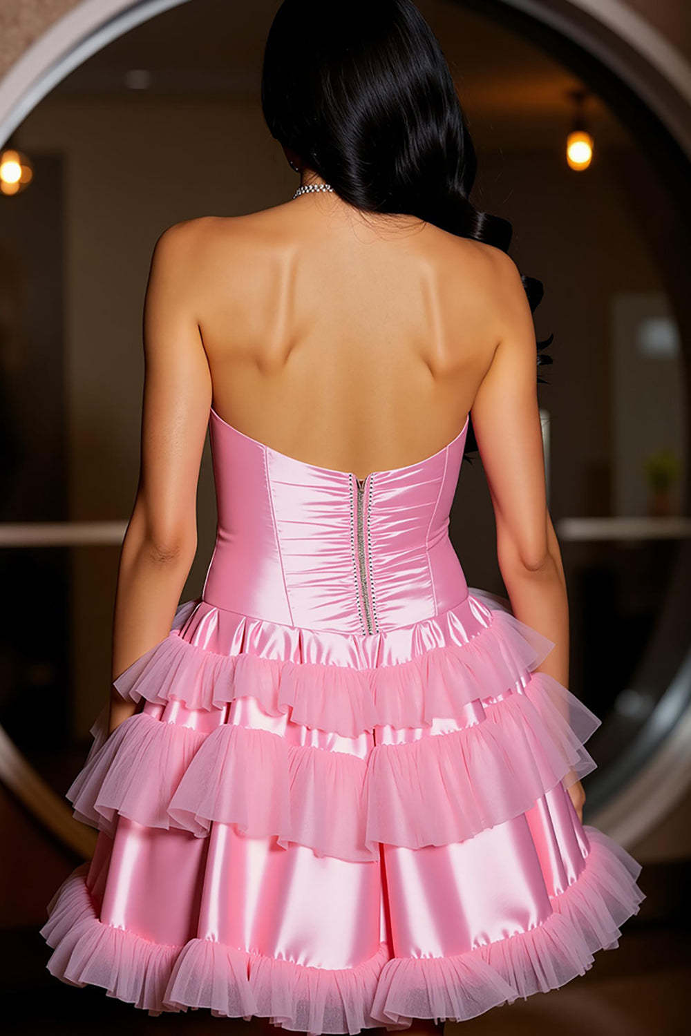 Pink A Line Strapless Satin Tiered Short Homecoming Dress with Ruffles