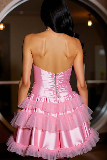 Pink A Line Strapless Satin Tiered Short Homecoming Dress with Ruffles