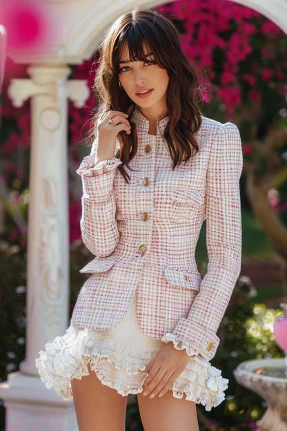 Leely Women Light Pink 2 Piece Short Tight Tweed Homecoming Outfits Ruffled Plaid Long Sleeves Date Night Outfits with Buttons