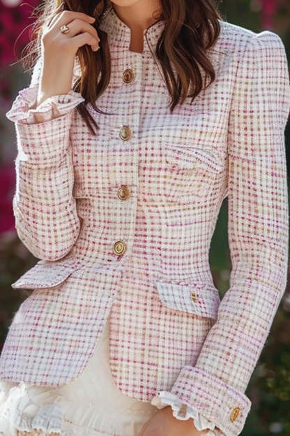 Light Pink Tight Plaid 2 Piece Tweed Homecoming Outfits with Ruffles