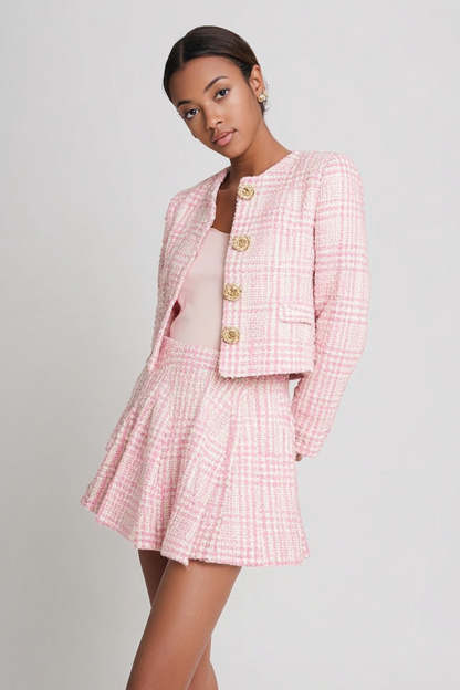 Leely Women Pink Plaid 2 Piece Short Tweed Homecoming Outfits Round Neck Long Sleeves Date Night Outfits with Buttons