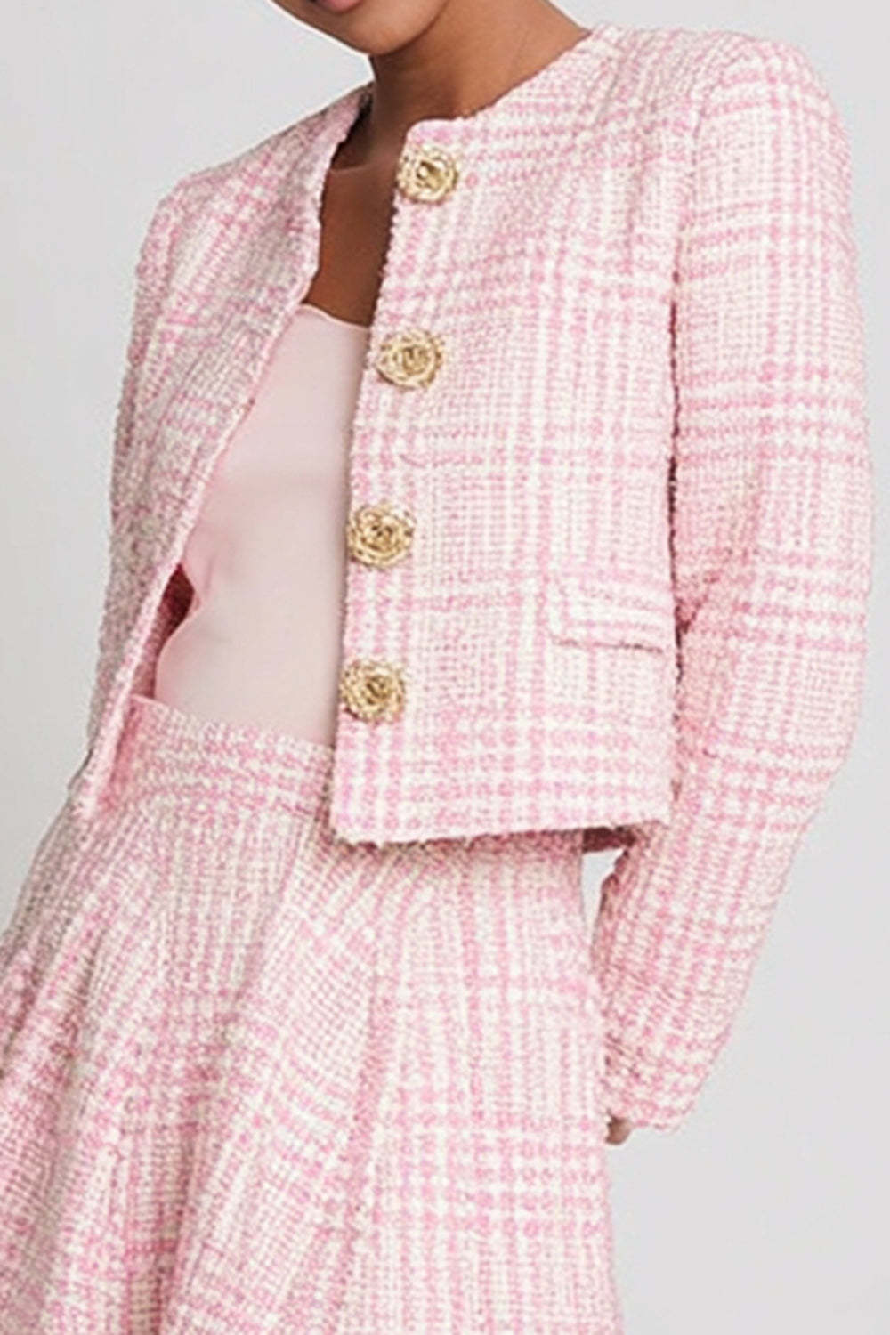 Pink A Line Plaid 2 Piece Tweed Homecoming Outfits with Buttons
