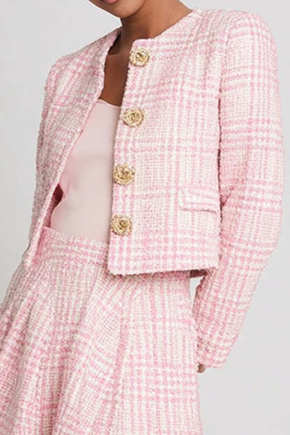 Pink A Line Plaid 2 Piece Tweed Homecoming Outfits with Buttons