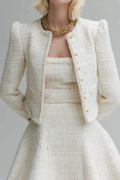 White 2 Piece A Line Tweed Homecoming Outfits with Sleeves