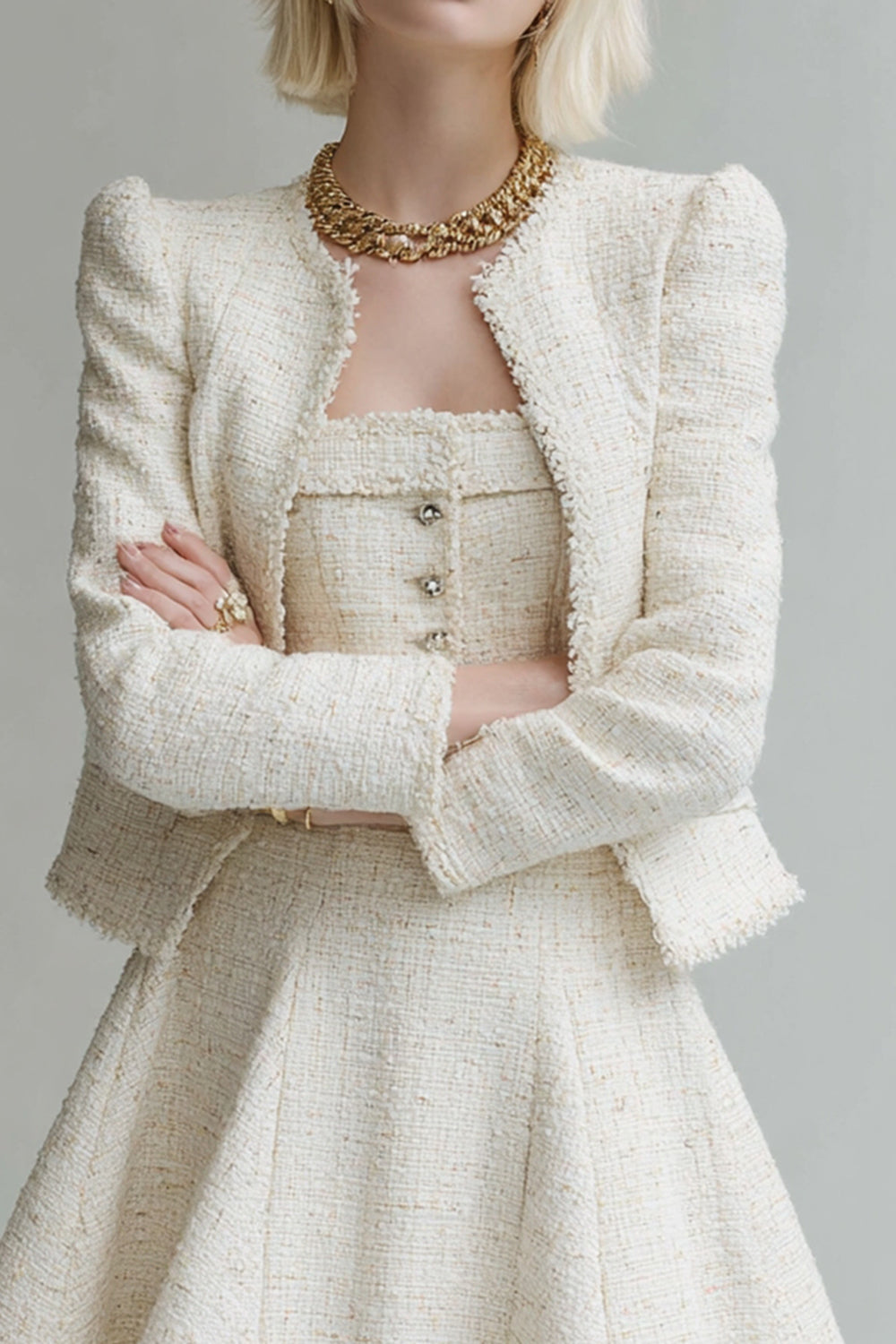 A Line White 2 Piece Long Sleeves Tweed Homecoming Outfits