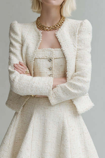 A Line White 2 Piece Long Sleeves Tweed Homecoming Outfits