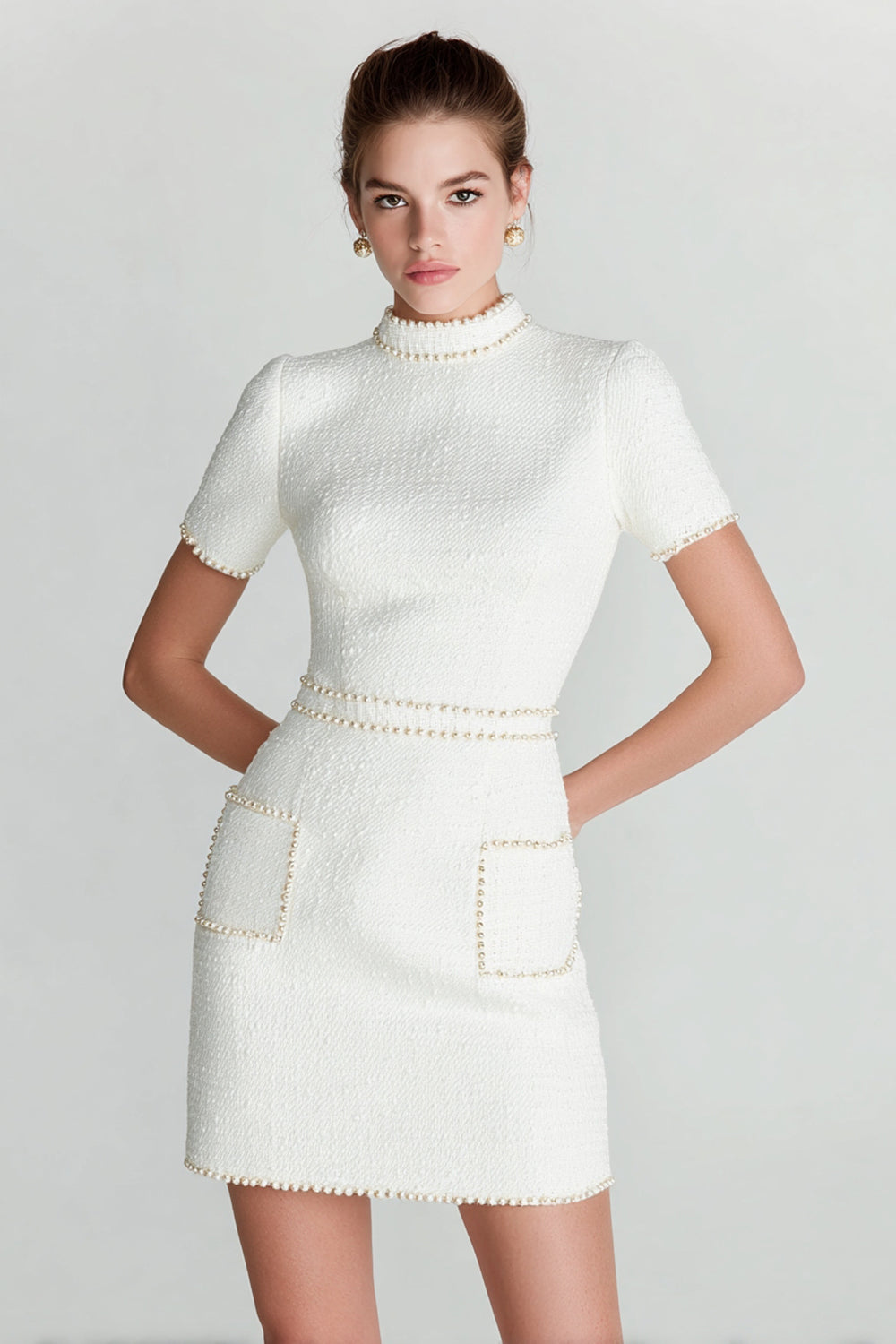 White High Neck Tight Short Tweed Homecoming Dress with Pearls